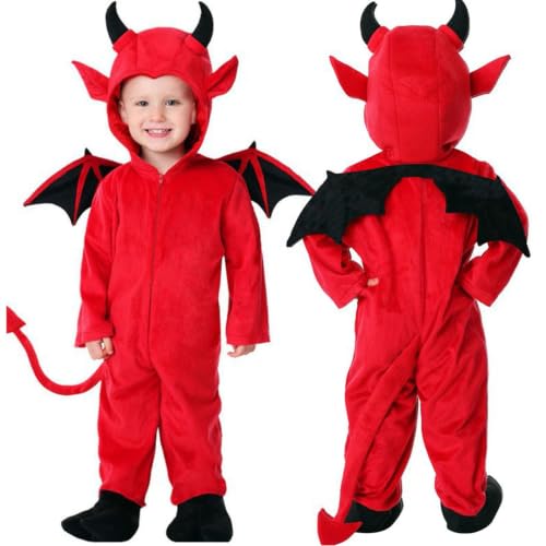 Halloween Costume Hooded Zip Up Jumpsuit with Tail and Horns Wings Soft Cosplay Party Romper Outfit (A1-Red, S) - image 3