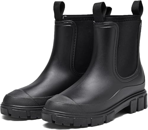 DIBUEUPP Gummistiefel Damen Wasserdicht Rutschfest Schwarz Halbhoch Stiefeletten Regenstiefel Gartenschuhe Ankle Boots Damen Regenschuhe Atmungsaktiv Komfort 39 EU