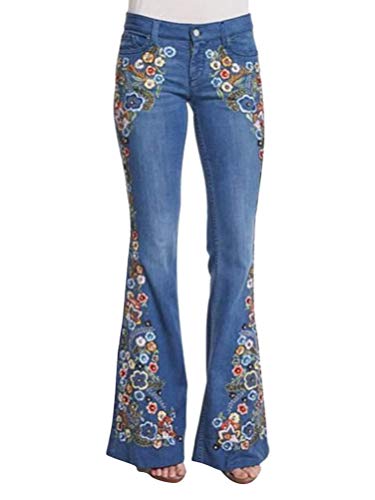 Onsoyours Damen Jeans Schlaghose Flared Bootcut Stretch Skinny Jeanshose Blumen Stickerei Slim Fit Retro High Waist Schlagjeans Denim Hose C Hellblau L