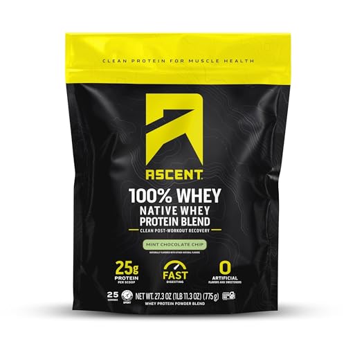 Image of Ascent 100% Whey Protein Powder - Post Workout Whey Protein Isolate, Zero Artificial Flavors & Sweeteners, Gluten Free, 5.5g BCAA, 2.6g Leucine, Military Exclusive, Mint Chocolate Chip 1.7 lb