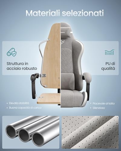 Sedia Gaming, Sedia da Ufficio Scrivania, Ergonomica, Seduta con Molle, Poggiapiedi, Braccioli con Meccanismo Sincronizzato, Grigio Tortora OBG079G01 - Sedia gaming - Immagine 4