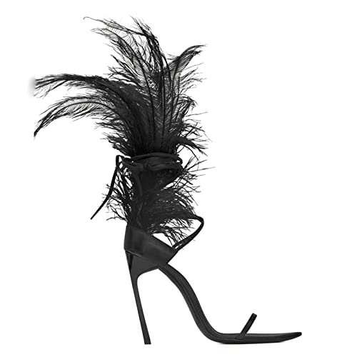 Bopchk Black Feather Sandals for Women Ostrich Hair Decor Thin High Heels Dance Shoes Ladies Fur Sandals T Show Party Shoes