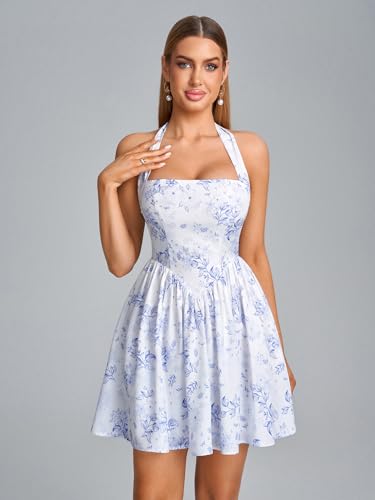 Image of Parthea Women's Floral Halter Mini Corset Dress Sleeveless A Line Flowy Cute Party Graduation Dress