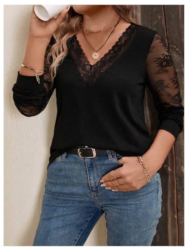 SweatyRocks Women's Plus Size Lace Tops Mesh Long Sleeve V Neck Fitted Tees Shirts3