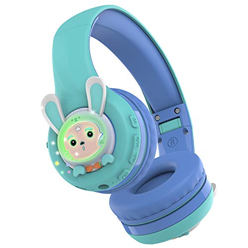 Riwbox Rb-7S Rabbit Kids Headphones Wireless, Led Light Up Bluetooth Over Ear Headset Volume Limited Safe 75Db/85Db/95Db With Mic And Tf-Card, Children Headphones For Girls Boys (Blue&Green) #TOP3