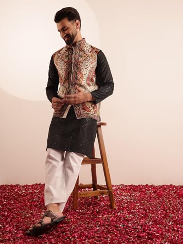 Image of SOJANYA Men's Silk Blend Black Kurta & White Pyjama With Velvet Paisley Design Nehru Jacket