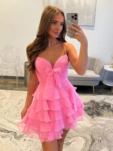 Women’s Chiffon Tiered Ruffles Hmecoming Dresses 2025 Spaghetti Straps A-Line Short Formal Ball Gown KN0492