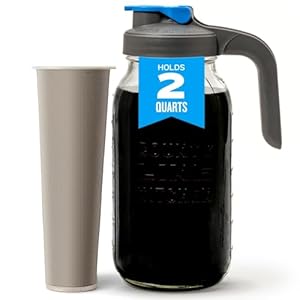 County Line Kitchen Cold Brew Coffee Maker, Mason Jar Pitcher – Heavy Duty Soda Lime Glass w/Stainless Steel Mesh Filter & Flip Cap Lid – Iced Tea & Coffee – 2 Qt (64 Oz), Gray/Blue Handle