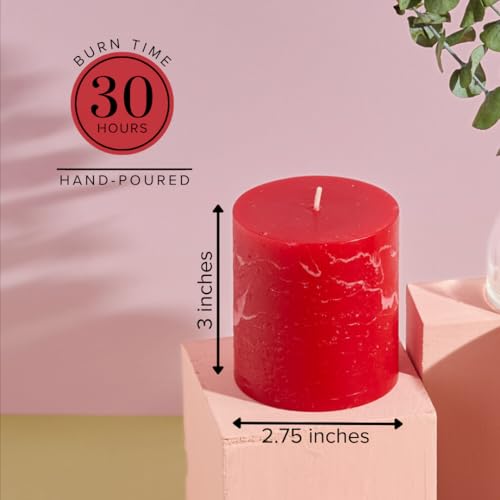 Simply Soson Red Rustic Texture Pillar Candles 3x3 inch - Set of 3 - Unscented Decorative Red Candles, No drip, Ideal as Large Candles for Home Decor, Weddings, Holidays - Image 3