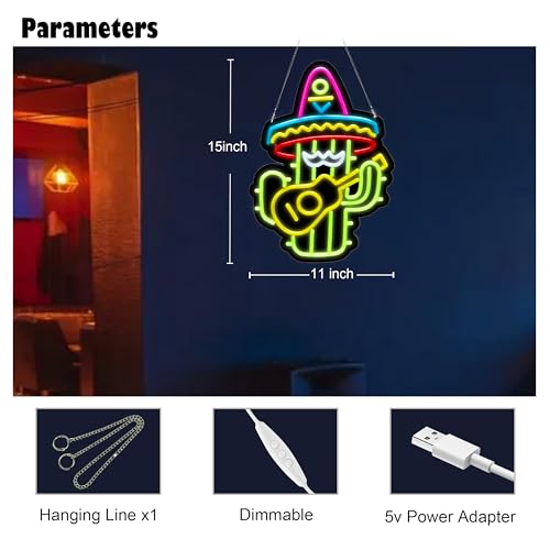 Image of Mexican Hat Cactus Guitar Neon Sign Night light for Bar Club Bedroom Hotel Pub Cafe Wedding Birthday Party Gifts