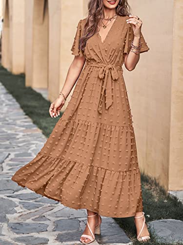 Image of MASCOMODA Women Boho Swiss Dot Maxi Dresses Wrap V Neck Flutter Short Sleeve Solid Tie Waist A Line Tiered Flowy Long Dresses