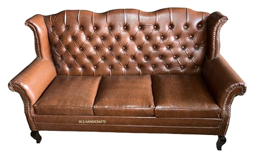 Image of Wooden 5 Seater Leather Sofa Set, Solid Wood Hand-Carved Sofa with Leather Upholstery, Traditional Design Furniture for Living Room, Home, Office
