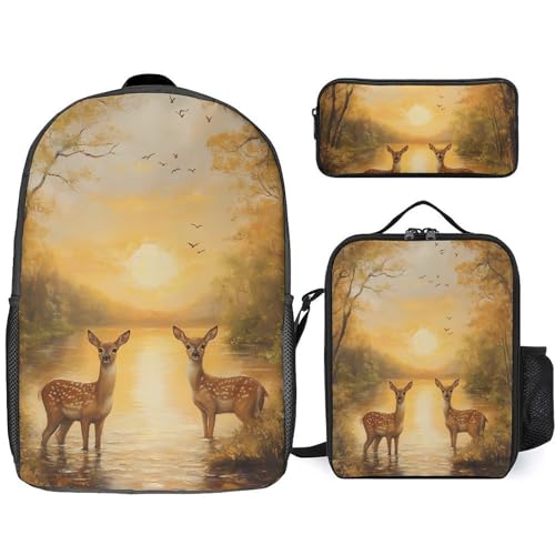 Autumn Deers at Sunset by The Lake Large Travel Backpacks Carry on Backpack Weekender Bag with 2 Storage Pockets for Men And Women