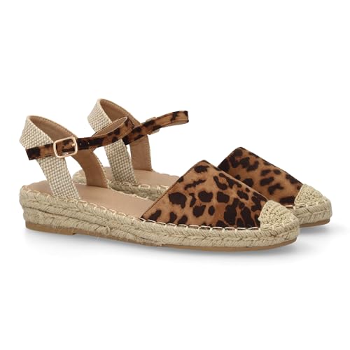 101201 Sandalia Alpargata de mujer con diseno abierto, cuna ligera de yute, esparto. Estampado liso. Cierre de hebilla y punta cerrada. Ideal temporada primavera verano. Leopardo Talla 37