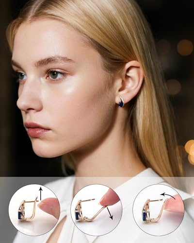 Hypoallergenic Small Blue Sapphire Hoop Earrings for Women | Rose Gold Plated Teardrop Jewelry | 8MM Oval Navy Blue Birthstone-Like Gift for Weddings, Sensitive Ears & Daily Luxury3
