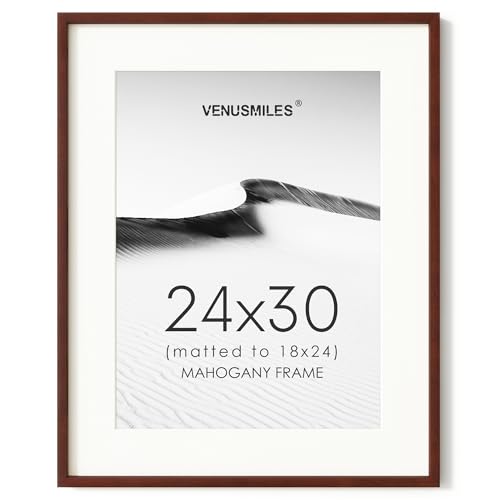 Image of 24x30 Poster Frame, USA-Sourced Natural Mahogany Wood Picture Collage Frame with HD Tempered Glass, Modern Simple 24 x 30 Wooden Photo Frame Matted to 18x24, Vertical & Horizontal Wall Hanging Display