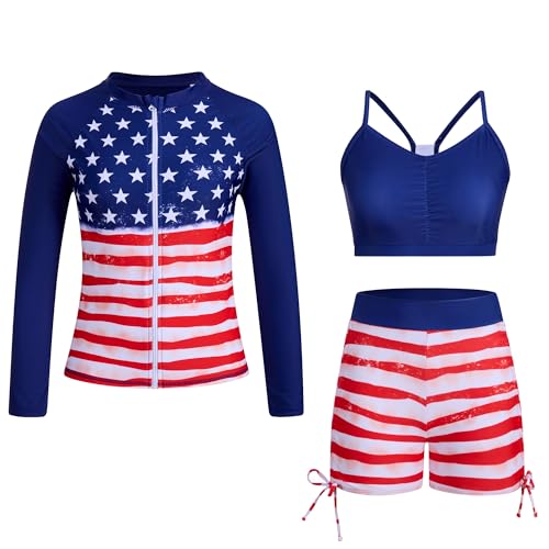 Image of Funnycokid Girls Swimsuit 3 Pieces Long Sleeve Rash Guard Zip Bathing Suits Teens Boyshort 3-14 Years