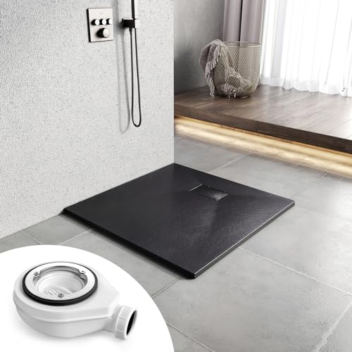 Heilmetz Duschwanne mit Siphon 90x90cm Flach Duschtasse Höhe 2.6 cm SMC Brausewanne Steinoptik Antirutsch Duschtasse mit Ø 90mm Ablaufgarnitur -Schwarz