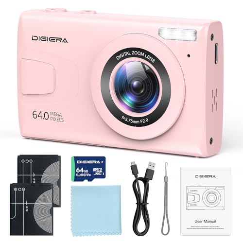 Image of DIGIERA 4K Digital Camera, 64MP UHD Compact Portable Photo Camera for Boys and Girls, 18X Zoom 2.4 Inch IPS LCD Screen Vlogging Camera for Teens Students Beginners with 64GB SD Card, Anti-Shake,Pink