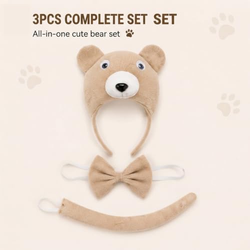 Image of Brown bear Headband with Bow and Tail Costume Set, Halloween Animal Ears Costume Dress Up Suit, Cosplay Party Supplies for Adult