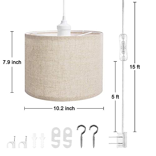 Qitim 2 Pack Plug In Pendant Light, Hanging Light With Plug In 15Ft Clear Cord, Beige Linen Shade, On/Off Switch, Ceiling Light For Bedroom, Living Room, Dining Table, Basement #TOP4