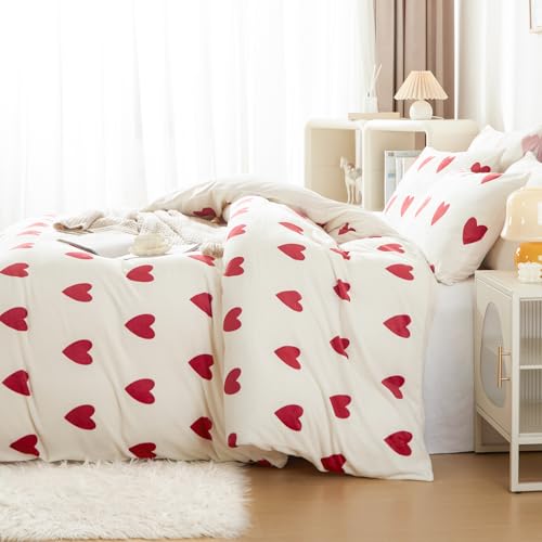 Flanell Bettwäsche 140x200 Herzen Rot Weiß Herz Winter Warm Biber Plüsch – Ansicht 4