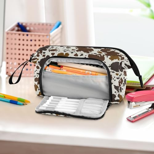 Image of Portable Pencil Case Pen Bag with Zipper, Cow Print Skin Brown Large Pencil Pouch Pen Case Stationery Bag for Office School Student, Multifunctional Pen Box for Girl Boy Men Women