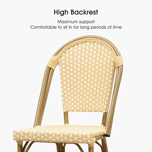 Image of PURPLE LEAF French Bar Stool Set of 2 Bamboo Print Finish Patio Bar Stools with Back Rattan Bar Chairs Wicker Bar Height Stool 30 inch with Footrest Kitchen Island Stools Outdoor Barstool Cream Yellow