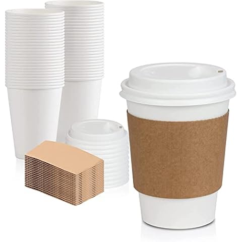 50 x Paper Coffee Cups [ 16oz with Free Lids & Sleeves ] White Tea Cup for Hot Drinks Paper coffee cup Singewall Takeaway Cardboard Insulated Cups with White Lids 4oz 6oz 8oz 10oz 12oz Cover