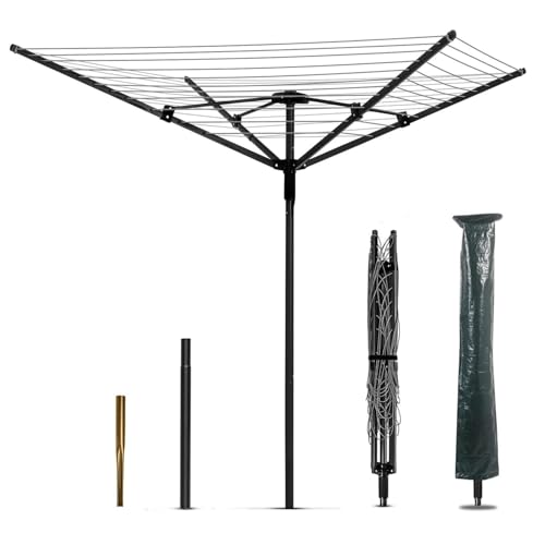 Nisorpa Rotary Outdoor Umbrella Drying Rack Adjustable Height Clothesline w/Waterproof Protective Cover Folding Rotary Dryer with 4-Aluminum Arms and Steel Post 12-Lines with 165 ft Clothesline