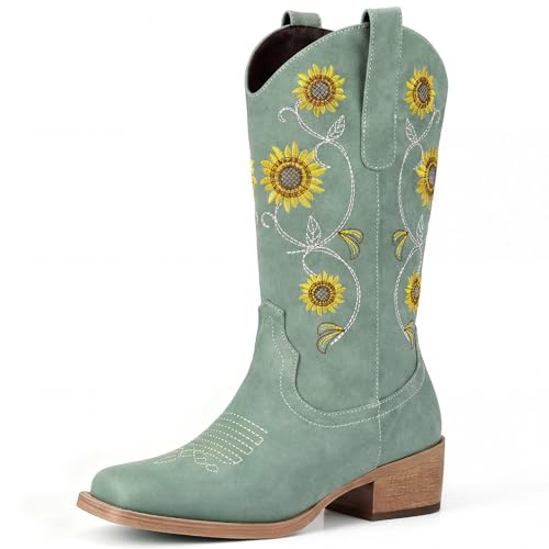 Image of Cowboy Boots for Women - Mid Calf Western Sunflower Cowgirl Boots with Floral Embroidery, Square Toe Stitched Pull On Retro Design, Perfect for Country Idyll, Concerts and More