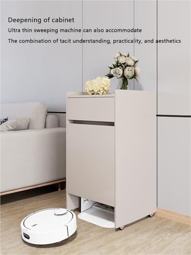 Mobile Sweeper Robot Storage Cabinet with Wheels - Narrow Corner Stand for Robot Vacuum, Freestanding Wood Rack, Space-Saver Shelf for Home & Office (White)