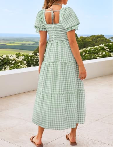 Image of ZESICA Women's 2026 Boho Summer Dresses Gingham Puff Sleeve Square Neck Flowy Beach Midi Dress
