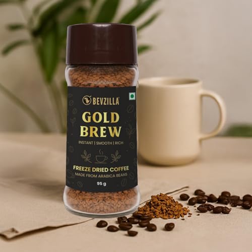Image of Bevzilla Gold Brew Instant Freeze Dried Coffee Powder - 95g Jar |Arabica Coffee | Best for Hot & Cold Brews | Best for Espresso, Cappuccino & Iced Coffee | No Preservatives | Unbreakable Jar