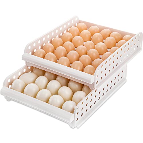 DEAYOU 60 Egg Drawer for Refrigerator 2-Layer Stackable Egg Holder Storage Container for Countertop Large Capacity Plastic Fresh Egg Tray Dispenser Organizer Keeper with Handle for Kitchen