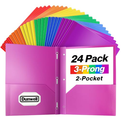 Dunwell Plastic 2 Pocket Folders with 3 Prongs, (24 Pack, Assorted Colors), Bulk 3-Clasp Folders with Fasteners, Tear-Resistant, Long Lasting Acid-Free Poly, Includes Labels by Dunwell - Used condition - US$19.25