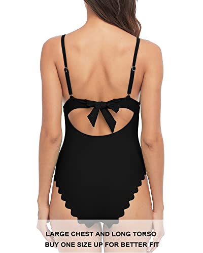 Sociala Scalloped One Piece Bathing Suits For Women Padded High Cut Swimsuits Backless Monokinis(Small, Black) #TOP1