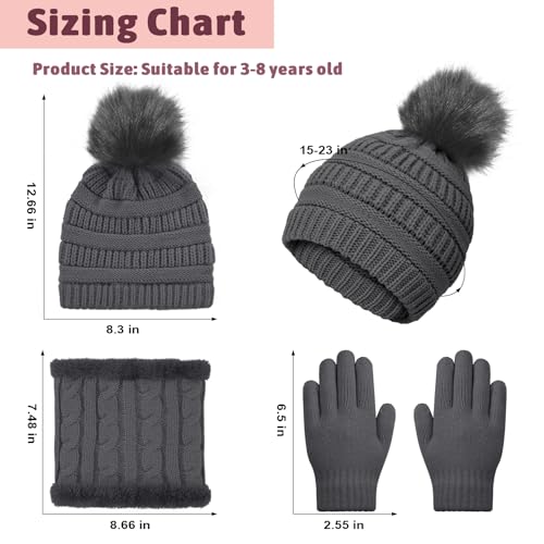 Image of Kids Winter Beanie Hat Scarf Gloves Set for 3-8 Years Old Boys Girls, Thick Warm Knitted Hat Gloves Fleece Lined Scarf Set
