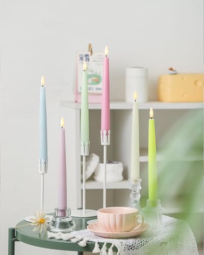 Image of Stmarry Multicolored Pastel Flameless Taper Candles with Remote and Timer, 9.65 Inch Real Wax LED Colorful Candlesticks, Battery Operated Colored Tall Candles with 3D Flickering Flame, 6 Pack