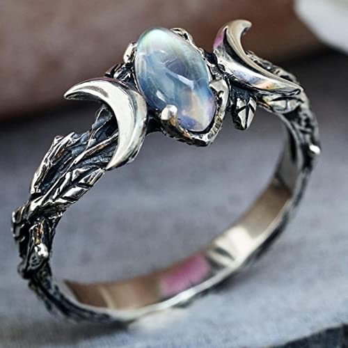 mingxinshangdian Femme Mode Vintage bohème Triple Lune Phase Anneau Naturel Pierre de Lune Lune Anneau fiançailles fête Mariage Bijoux Anneaux