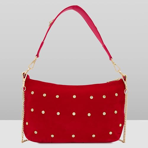 Image of Caprese Sapphire Small Hobo Bag for Women | Embroidery Velvet Sling Bag with Decorative Metal Flowers & Detachable Chain | Ideal for Festive Occasions