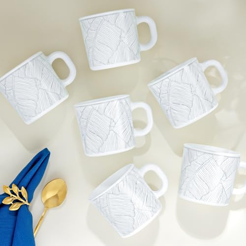 Image of Larah by BOROSIL 180ml x 6pc Opalware Ivy Tea /Coffee Mug Set, Microwave & Dishwasher Safe Embossed Design Crockery Set Ideal for Daily Use & Gifting