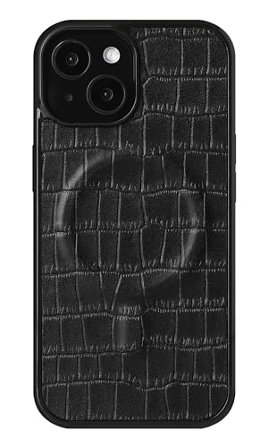 栃木レザー 本革 スマホケース iPhone用 17 Pro 互換性 MagSafe 対応ケース クロコ型押し クロコダイル模様 グリップ (ブラック)