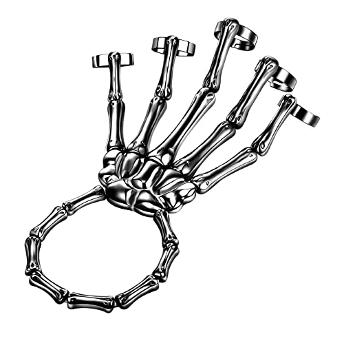 Image of LAKIYOYO 4pcs Halloween Skull Skeleton Hand Bracelet with Ring Punk Wristband Skull Fingers Hand Bracelet Skeleton Ring Hallowmas Gifts Jewelry