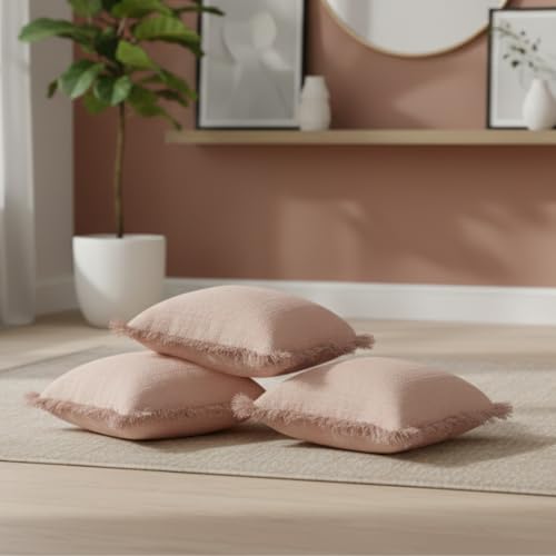 Image of Cotton Cushion Covers 16x16 Inch | Handwoven Pink Decorative Square Cushion Case with Fringe | Sofa, Living Room, Bedroom, Diwan Home Decor Throw Cushion Cover