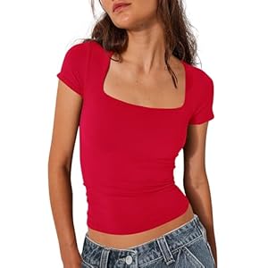 Women’s Short Sleeve Fitted Shirts Square Neck Crop Tops Basic Workout Tops Casual Outfits Summer Going Out Tops