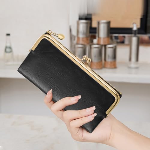 Image of GOIACII Womens Wallet Kiss Lock Bifold Leather Wallets for Women Black | Vintage Wallet for Women,Ladies Clutch Purse,Women's Card Holder Wallet with Zipper