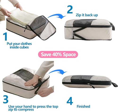 Image of House of Quirk Polyester Compression Packing Cubes for Travel, 6 Set Organizer Compressible Essentials (Beige)