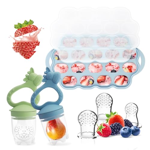 Image of Baby Fruit Food Feeder Breastmilk Popsicle Molds for Teething Relief, Introduce New Foods, Silicone Freezer Tray with Lid, Includes 6 Food Pacifiers (Blue & Cyan)
