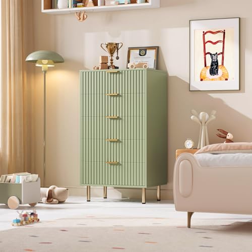 5 Drawer Dresser for Bedroom, 48" Tall Modern Chest of Drawers with Deep Drawers and Wide Top, Fluted Wooden Dresser Organizer for Living Room, Hallway, Kids Room, Green